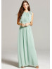 Sage Chiffon Lace Cap Sleeves Long Prom Dress 
